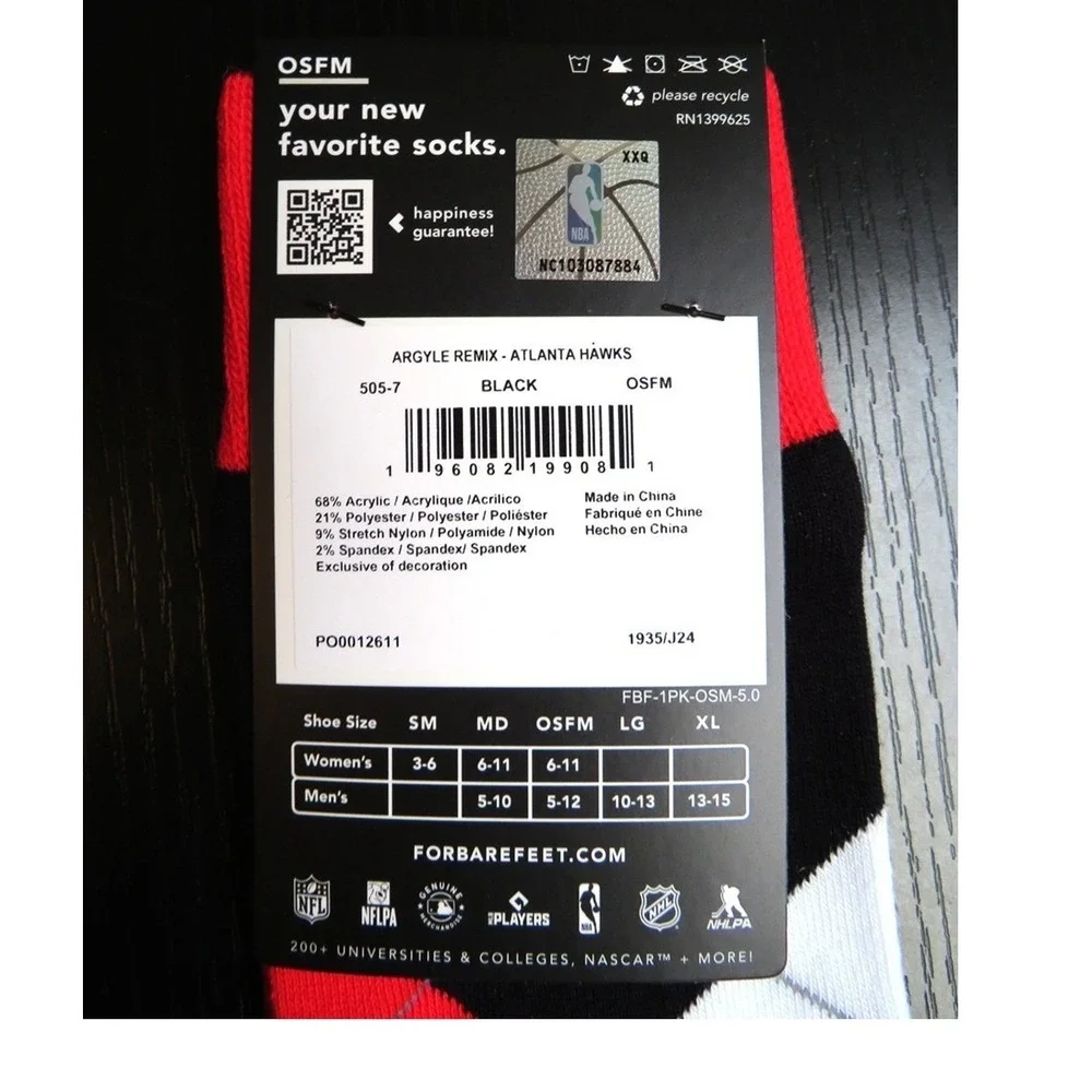 NWT For Bare Feet NBA Atlanta‎ Hawks Socks Men's Size 5-12
